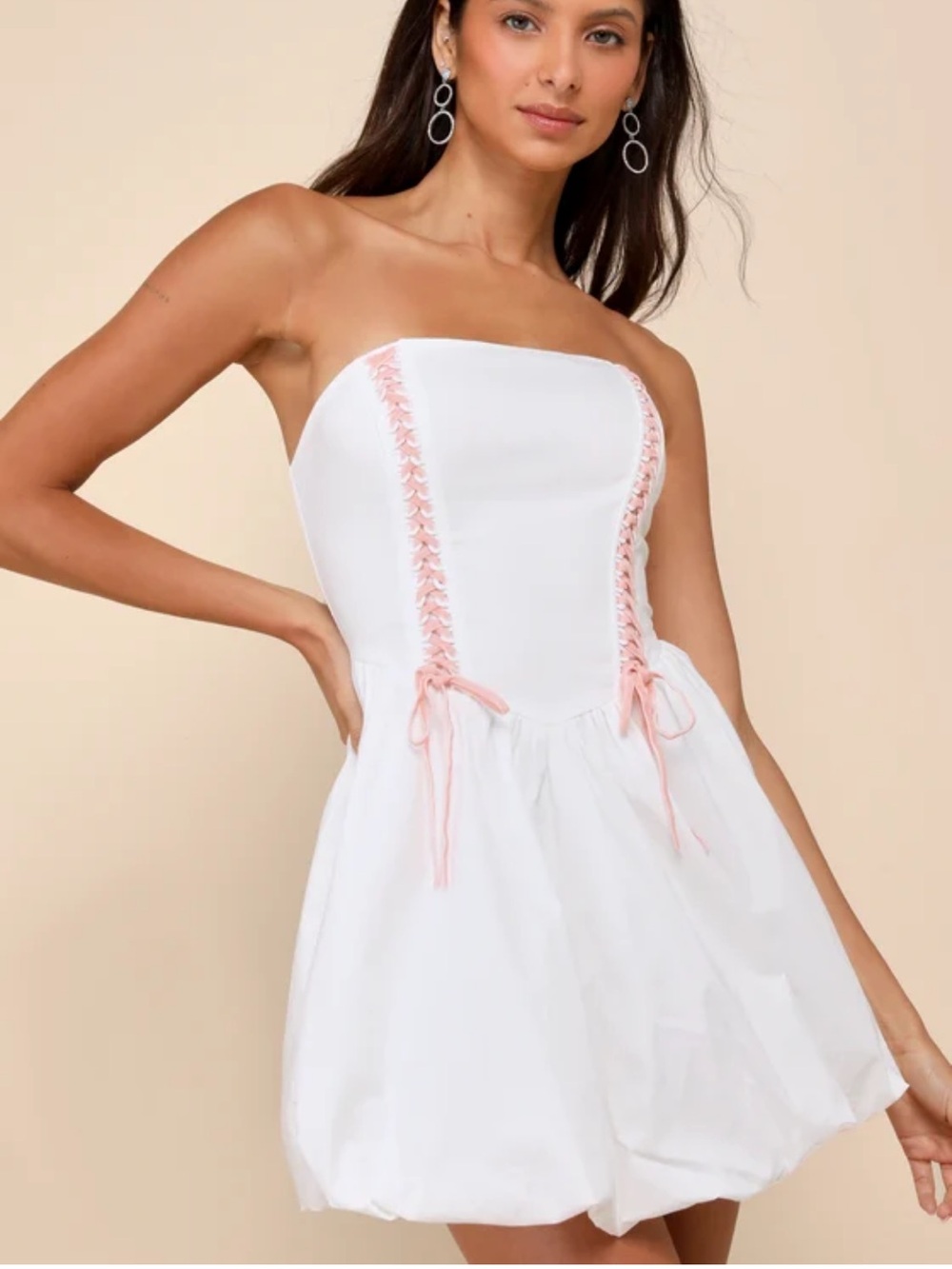 Lulu's White Strapless Dress with Pink Ribbon Accents